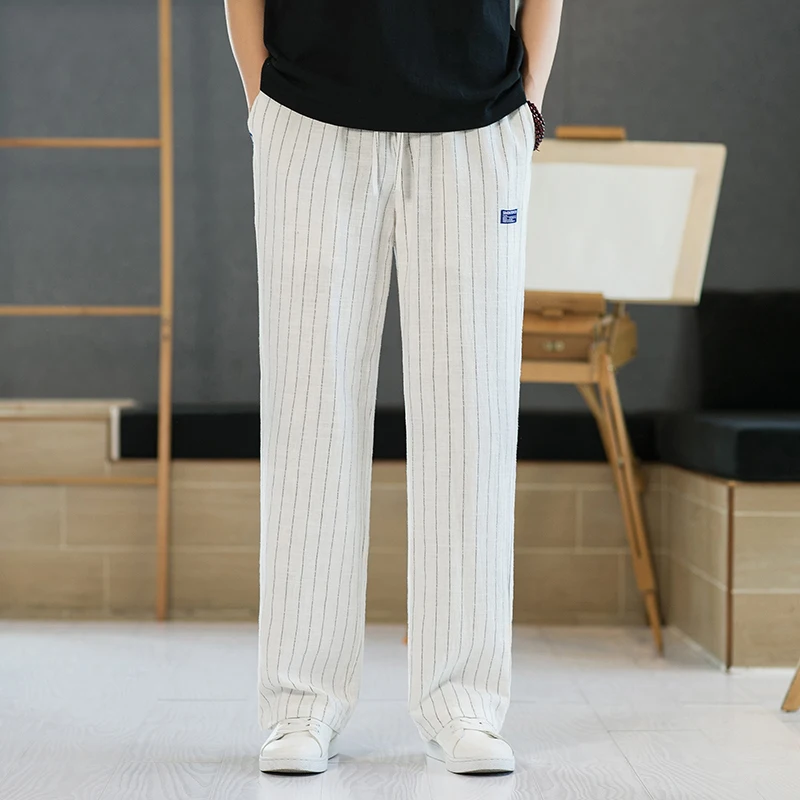 

Белые летние тонкие льняные брюки для мужчин, повседневные свободные прямые брюки из хлопка и льна, длинные брюки в ретро-стиле с полосками, дышащие и прохладные