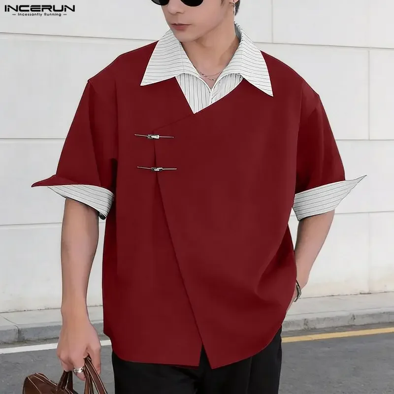

INCERUN Men's Shirt Lapel Short Sleeve Striped Patchwork Menswear Clothing Tops Loose 2026 Streetwear Fashion Shirts For Man