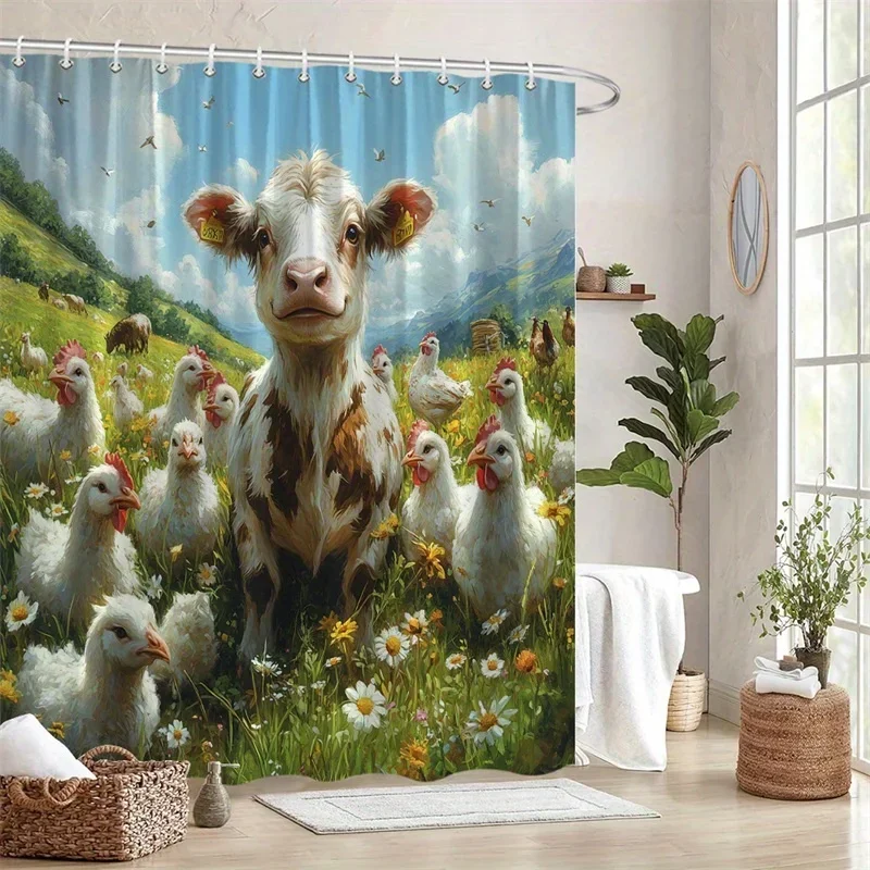

1 шт. Занавеска для душа «Корова и курица» — коричневая и белая корова с пушистыми куриками в дизайне зеленого луга, голубого неба и дистанционных холмов
