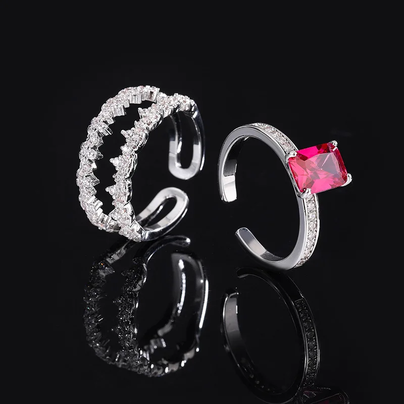 

Kuaishou Colorful Treasure Style Two-Way Wear Red Ruby Red Corundum Pink Diamond Emerald Rectangular Open Ring Wholesale