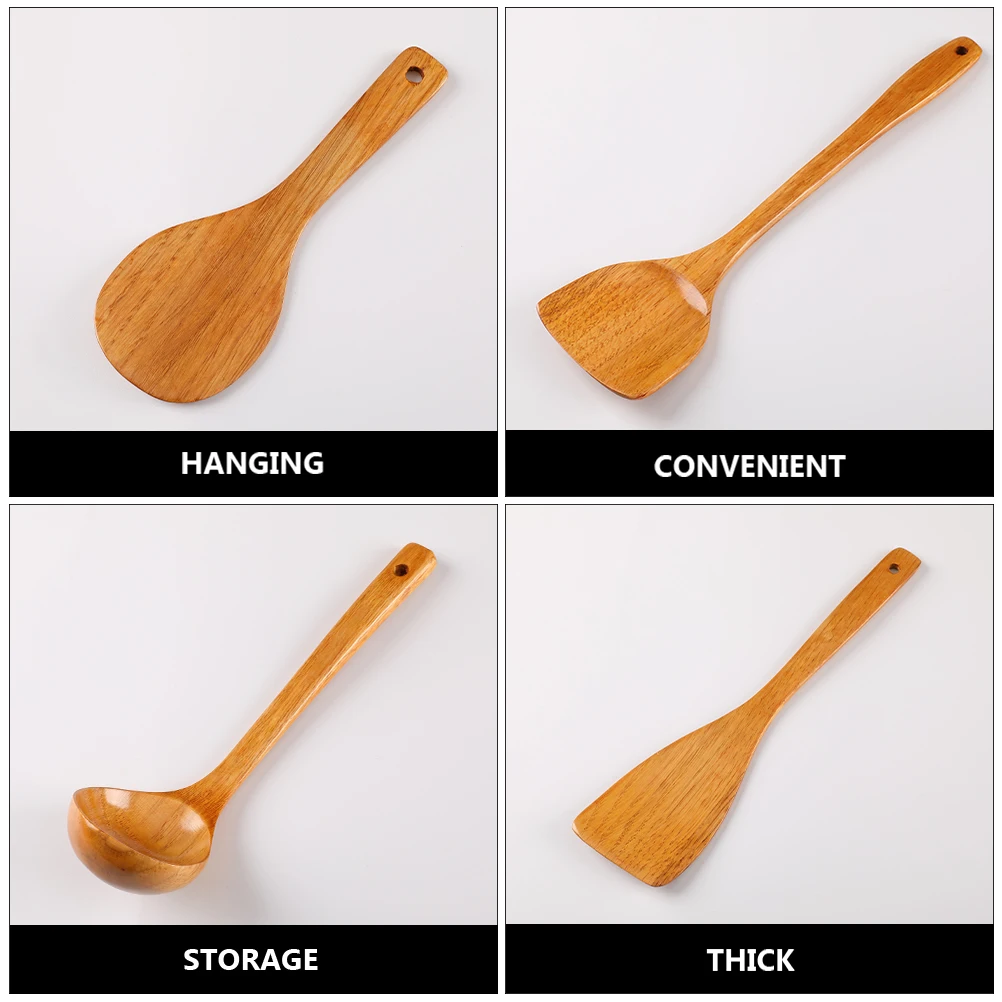 

4pcs Wooden Cooking Utensils Set Natural Wood Spatula Heat Insulated Handle Storage Saving Eco-Friendly Kitchenware Tools Wood