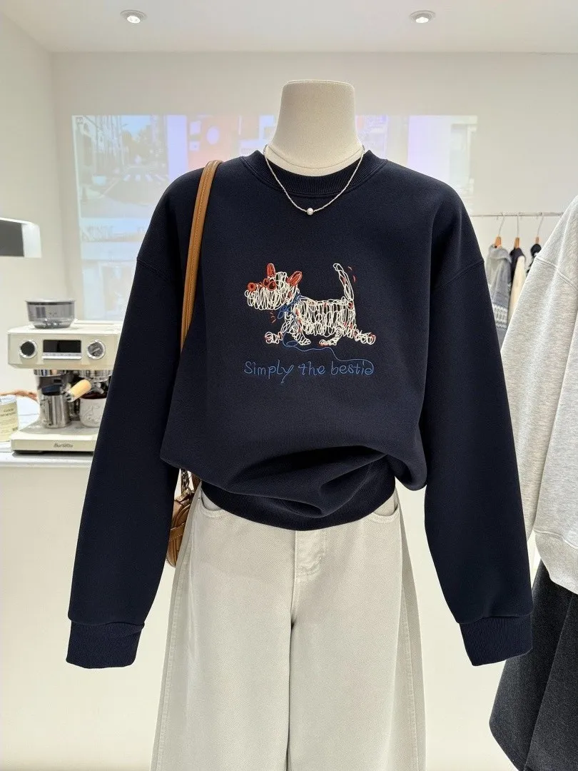 

Толстовка большого размера с флисовой подкладкой, теплая, с круглым вырезом, с мультяшной вышивкой, осенне-зимняя, новая, удобная, F...