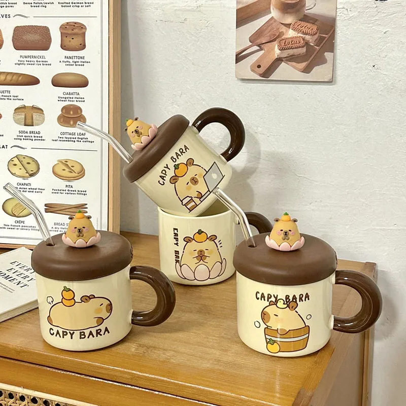 

Kawaii Capybara Ceramic Mug with Lid and Straw Cute Cartoon Animal Coffee Tea Cup Microwave Safe Home Office Drinkware for Girls