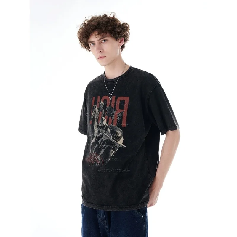 

Универсальный быстросохнущий топ с 3D-принтом и короткими рукавами в американском стиле ретро High Street с мотоциклетным рисунком, модный тренд