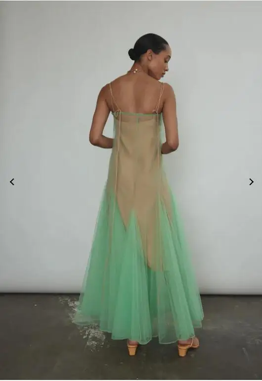 New Couture Green Tulle drappeggiato alla caviglia abiti da donna con spalline Nude fodera a-line Fashion Maxi Dress