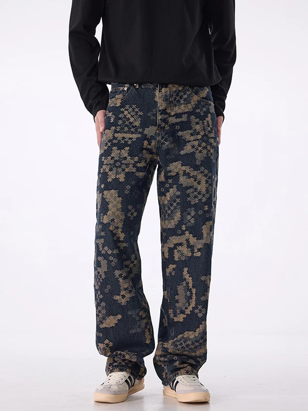 

Ретро-джинсы мужские свободного прямого кроя с вышивкой в стиле американской мозаики, темно-синие, для повседневной носки осенью