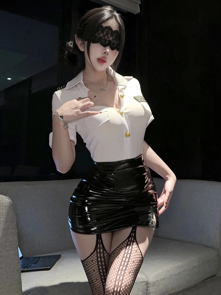 Sexy Uniform Costume Set Secretary Night Club Role Play Police Officer Air Stewardess Bodycon Skirt Outfit Trendy Polyester