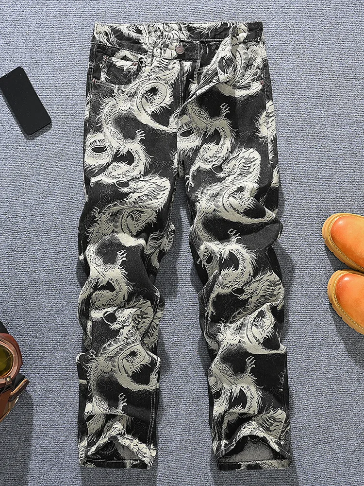 

Chinese style dragon pattern embroidered print loose straight leg jeans for men, youth, high street retro fashion pants