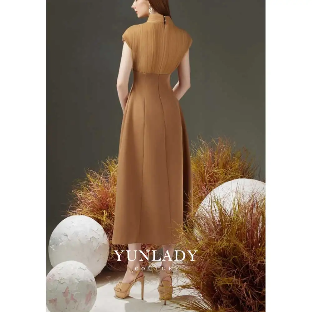 YUNLAN Luxury Champagne Crepe Sleeveless Mom Evening Dress 2024 Dubai High Neck A Line Midi Dress for Women Wedding Guest Dress