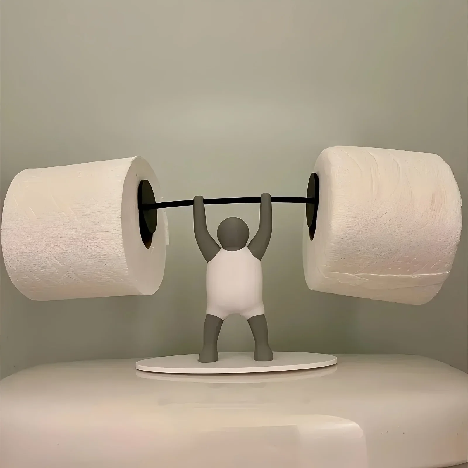 

Funny Weightlifter Toilet Roll Holder - Unique 3D Printed Plastic, Freestanding Over the Tank Design Bathroom and Kitchen Decor