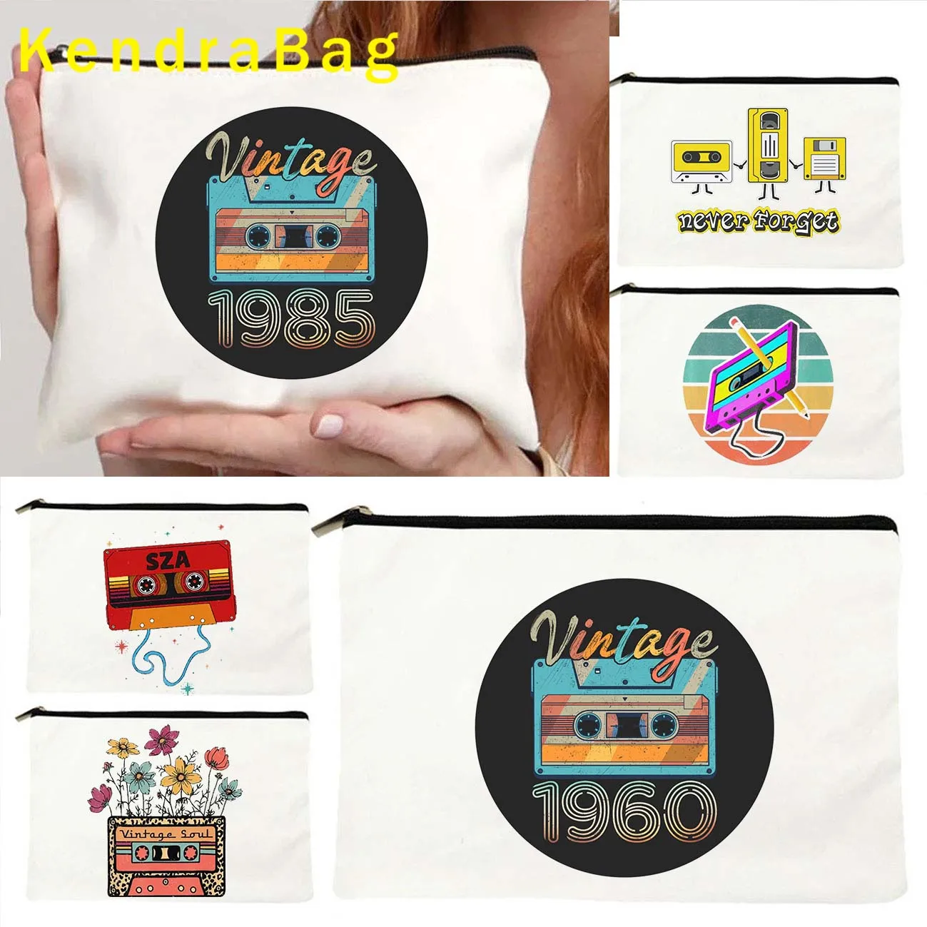 Vintage 1960 1985 Cassette Tape Retro 80's 90's Music Birthday Fan Gifts Canvas Cosmetic Bag Makeup Bag Pencil Case Zipper Pouch