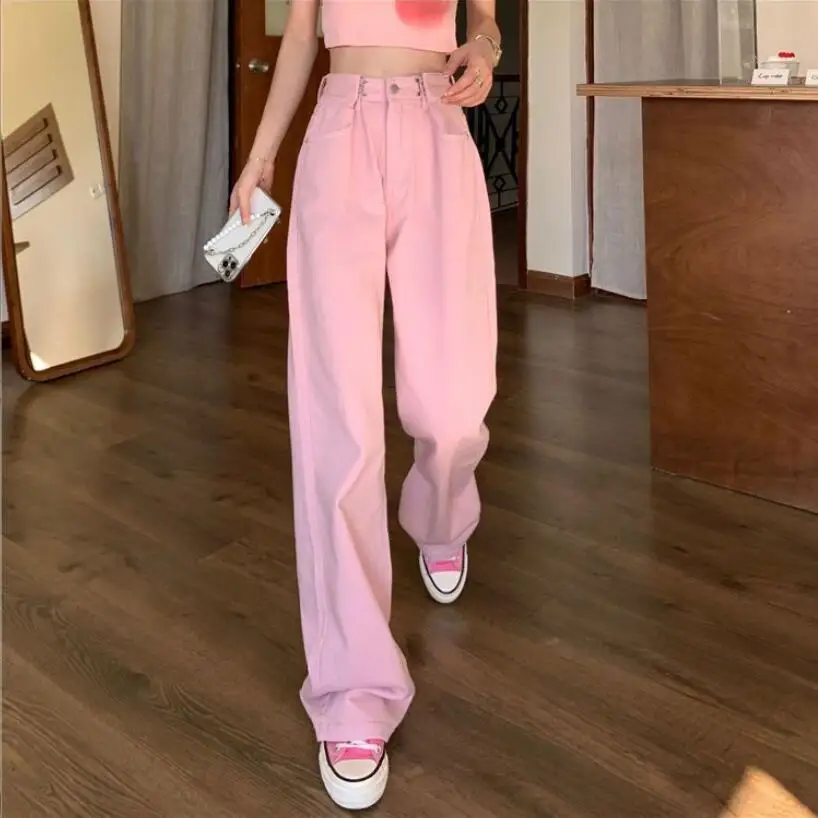 

OCQBI Pink High Waisted Jeans for Women Adjustable Waist Jeans Woman 2023 Summer Streetwear Wide Leg Pants Casual Mom Jeans
