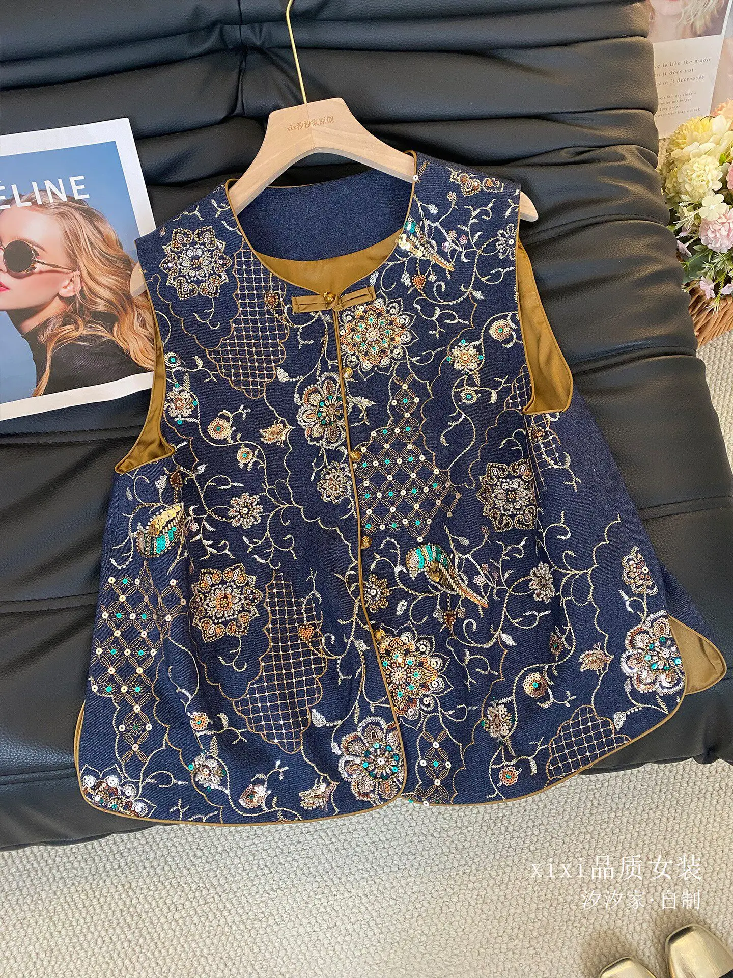 New Cowboy Baroque style vest, heavy industry sequin embroidery layered shirt top