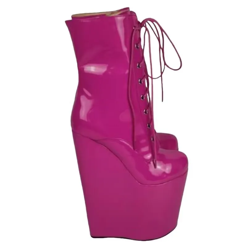 

SHOFOO Fashionable women's high-heeled boots Rose red patent leather knee high boots About15cm heel height Wedges platform boots