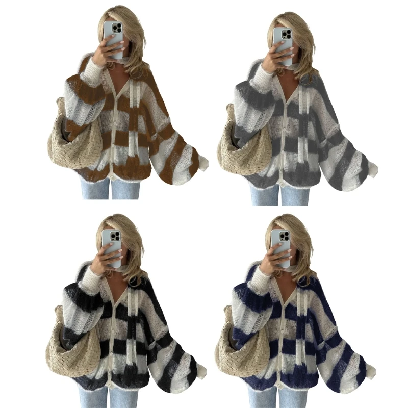 Striped Sweater Cardigan with Detachable Scarf Set for Women Lantern Sleeve V Neck Button Down Knitted Outerwear Coat