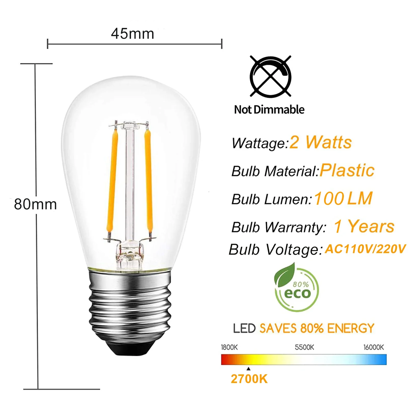 S14 Replacement LED Edison Light 2W Equivalent to 20W E27 Warm White 2700K Outdoor String Lights Vintage Clear LED Bulbs