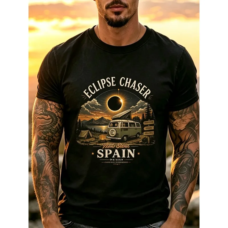 ilstile Men's Solar Eclipse Chaser Print T-Shirts Summer Short Sleeve Casual T Shirt Round Neck Tops Black Tees 2026 New Arrival