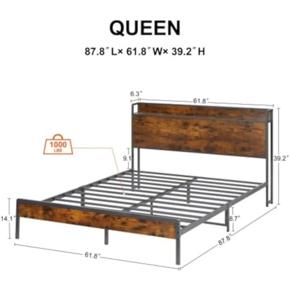 Queen Bed Frame with Storage Headboard, Bed Frame with Charging Station, No Noise，Wooden Slat Support，Meatl Double Bed Frame