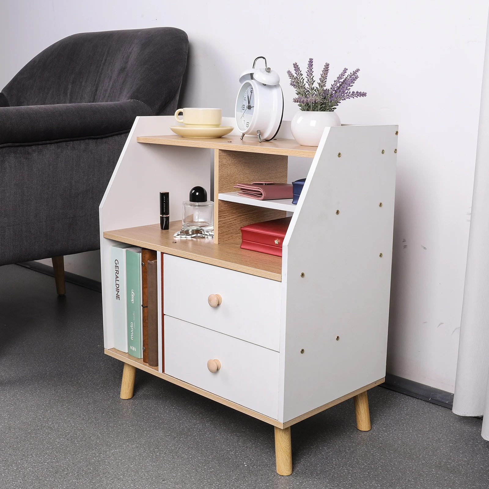 طاولة خشبية حديثة بجانب السرير مع درجين منضدة جانبية وخزانة تخزين بجانب السرير الشمالي لمكتب غرفة المعيشة