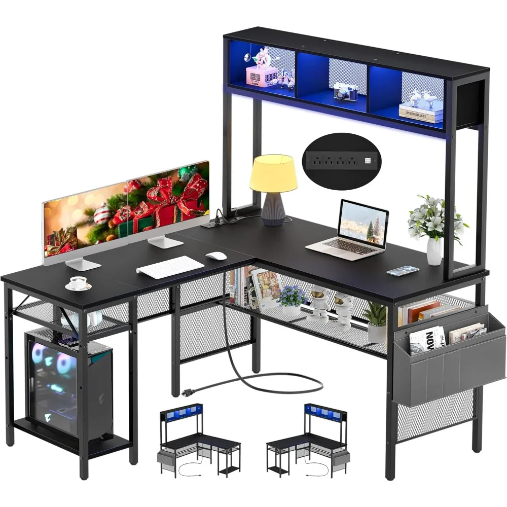 

Unikito Computer Desk with LED Strip and Power Outlets, Reversible Corner Desk with Storage Shelves and Bag, Industrial Home