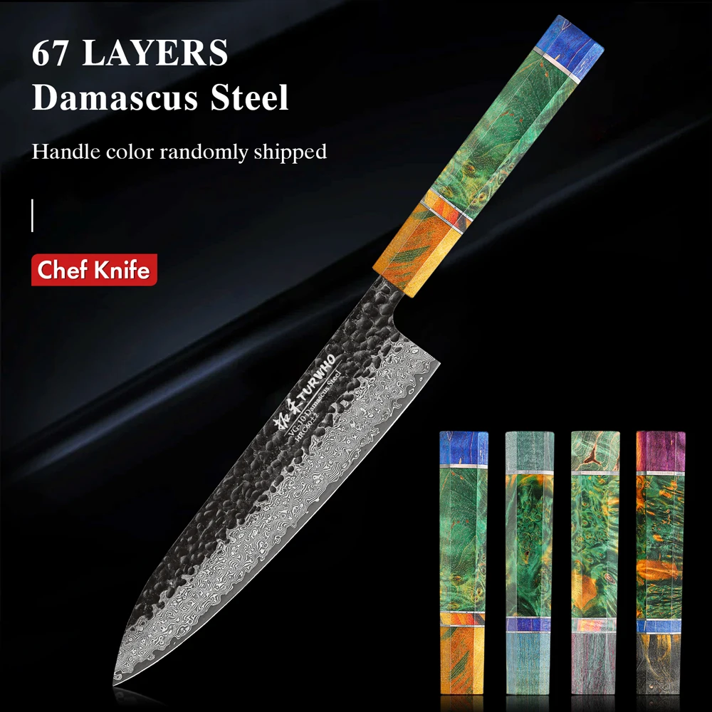 

TURWHO 8" 67 Layers Damascus Steel Chef Knife Professional Japanese Kitchen Meat Vegetable Cooking Knife Stabilized Wood Handle