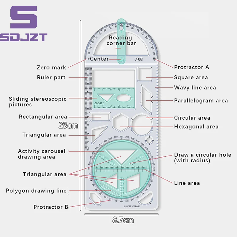 For School Multifunctional Primary School Activity Drawing Geometric Ruler Triangle Ruler Compass Protractor Set Measuring Tool