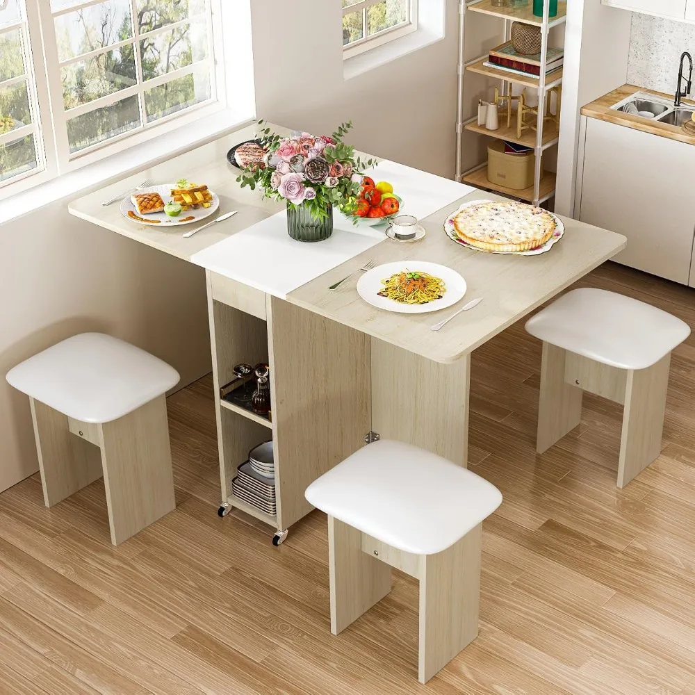 Mesa de comedor plegable para 4 personas, Juego de 4 sillas de cuero, ahorro de espacio, con 6 ruedas