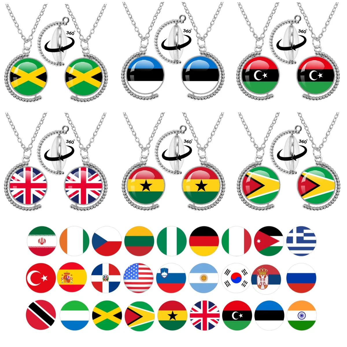 Ожерелье с национальным флагом Тринида, Сера Леоне, Джомака, Ганяна, Гуана, Великобритания, Либья, Эстения, Индия Стеклянное двустороннее ожерелье с подвеской