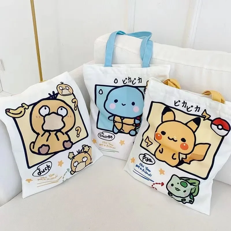 Bolsa de Ombro de Lona para Mulheres Pokemon, Pikachu, Psyduck, Squirtle, Reutilizável, Grande Capacidade, Bolsa Casual, Bolsa de Compras, Ladies