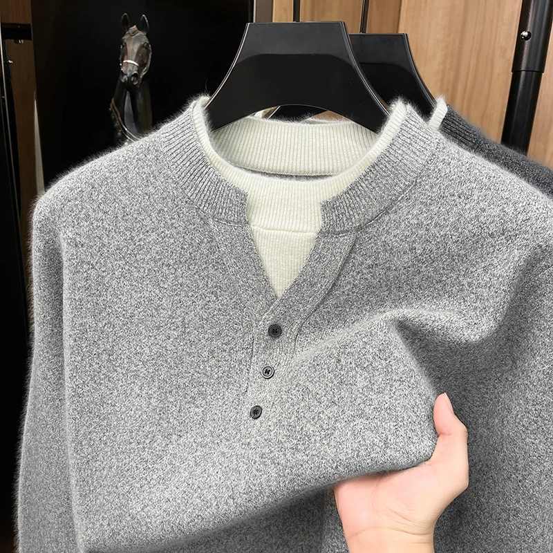 High end fake two-piece knitted sweater luxury men new fashion button splicing round neck comfort casual autumn winter pullover