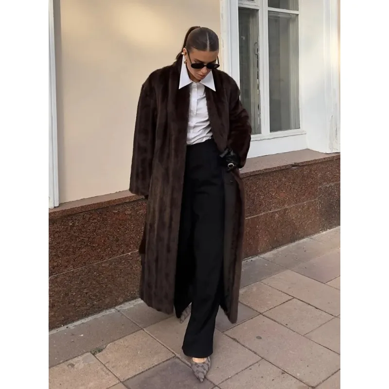 

Коричневое пальто из искусственного меха на шнуровке, женское, модное, повседневное, с длинными рукавами, пушистое, свободное, в полоску, длинное, для зимы, на каждый день, уличная куртка