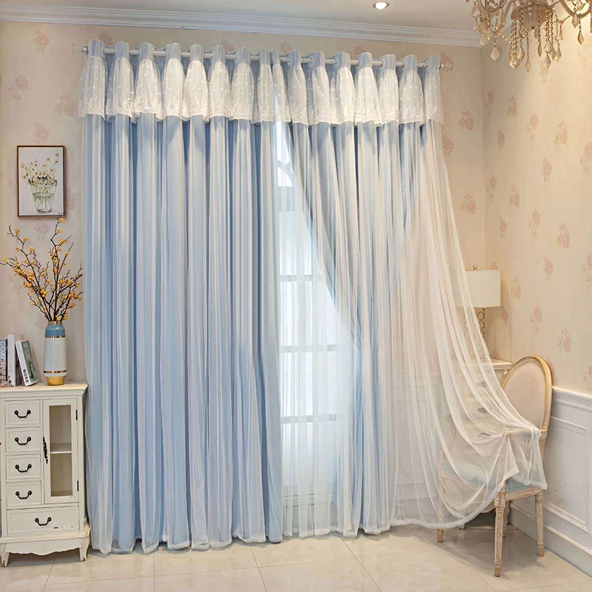 1PC Romantic Lace Double Layer Curtain, High Light Block, Soundproof, Insulated, Suitable for Home, Rent, Airbnb, Living Room, B