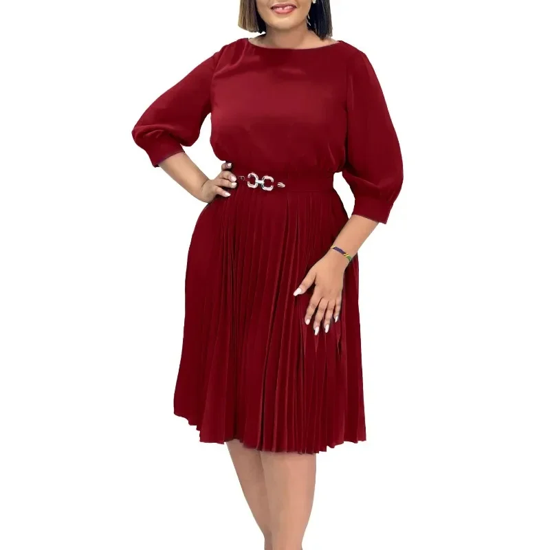 

Elegant African Party Evening Dresses for Women Autumn African 3/4 Sleeve O-neck Pleated Midi Dress Dashiki Africa Clothing