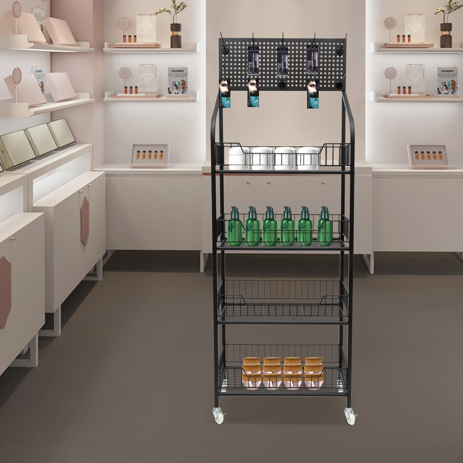 

4-Tier Rolling Retail Display Rack with Wheels & Brakes - Adjustable Snack Stand - Black Metal Shelving Unit (22lbs Per Shelf)