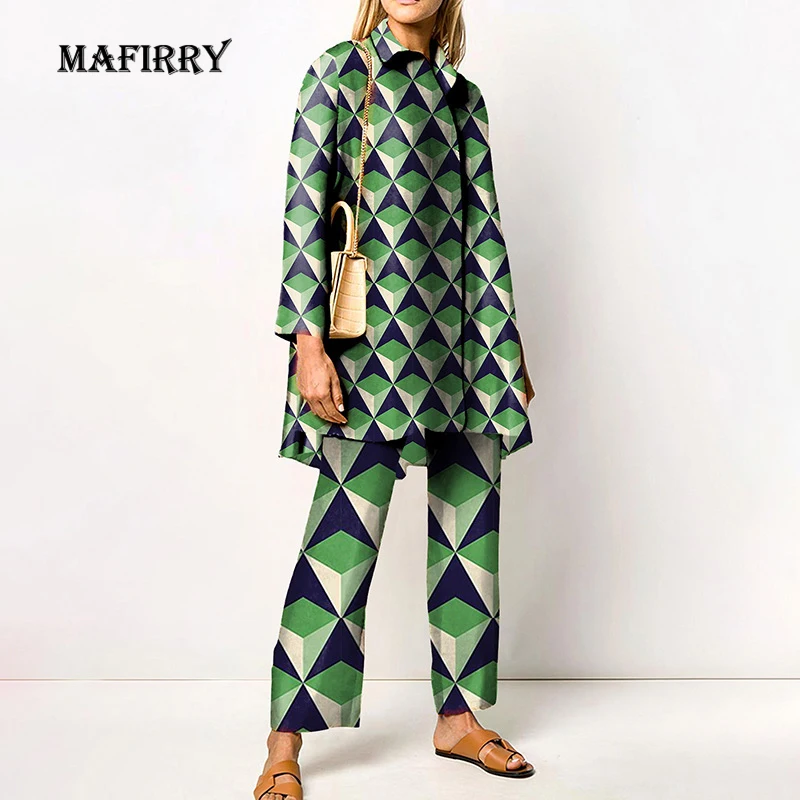 

Women Turn Down Collar Tops Print Loose Pants Suit Long Sleeve Wide Leg Pant Suit 2023 Spring Autumn Casual Two Piece Set Outfit
