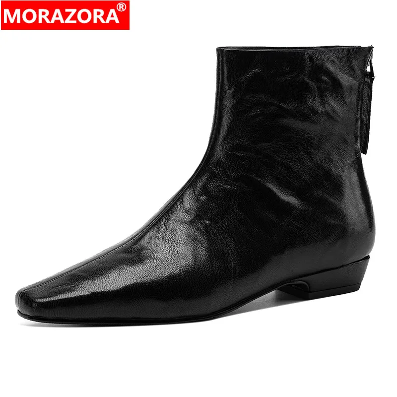 MORAZORA Large Size 34-41 Genuine Leather Ankle Boots For Women Shoes Zipper Black Brown Ladies Short Boots Office Dress Shoes