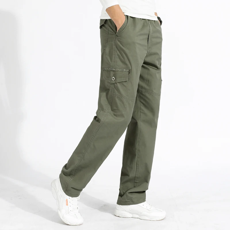 Men's Oversized Cargo Pants Plus Size Zipper Pockets Military Pants Drawstring Cotton Loose Fit Fishing Trousers for Men