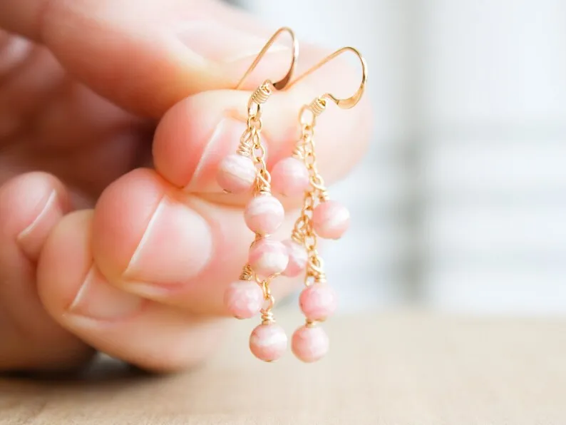 Rhodochrosite Earrings 14k Gold Fill . Pink Gemstone Earrings Dangle . Natural Gemstone Cluster Earrings