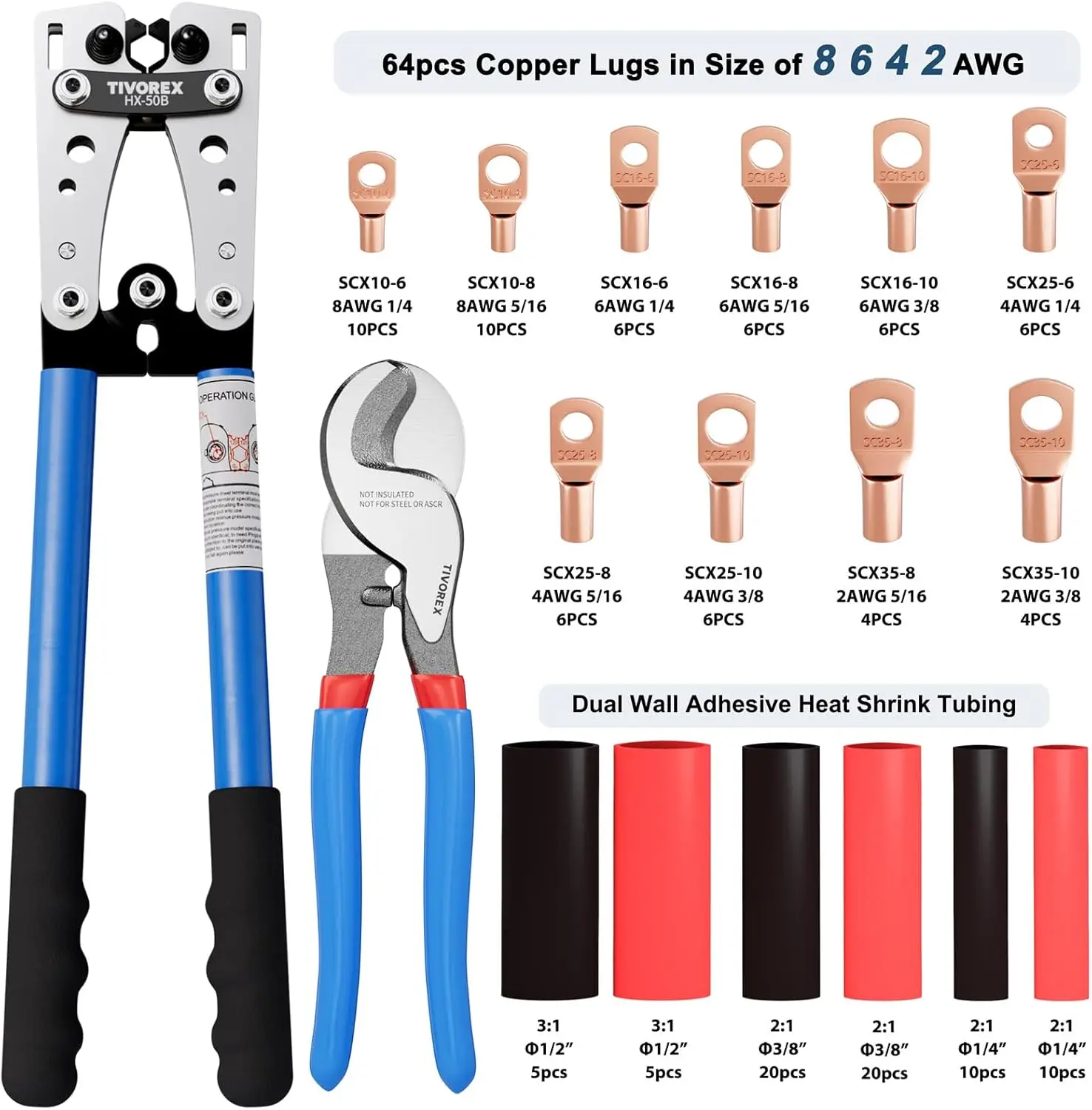 Battery Cable Lug Crimping Tool with Cutter, 64pcs Terminals & 70pcs Tubing for AWG 10-1/0 Electrical Connections