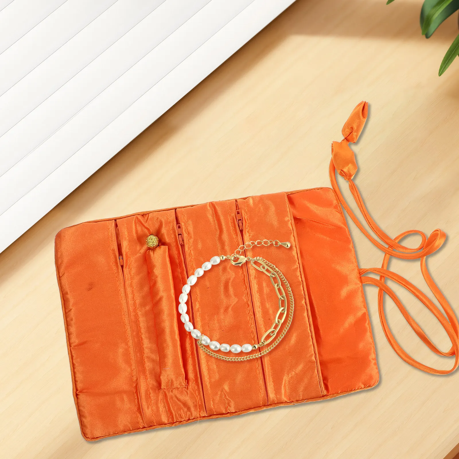 

Elegant Jewelry Roll Bag Handmade Embroidered Travel Organizer Pouch Foldable Storage Silk Satin Chinese Flowers 1