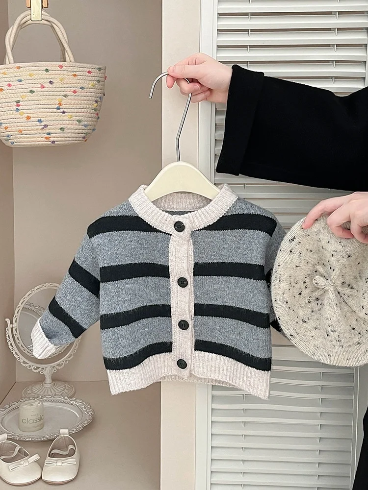 

Вязаный свитер Thiened в мягкую полоску для девочек, осень-зима, новый корейский системный детский модный теплый круглый Ne L...