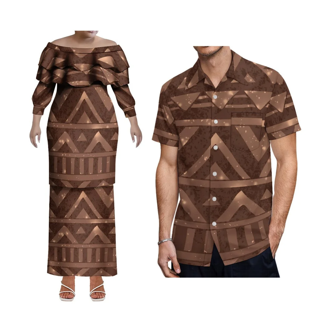 2025 بولينيزيا المرأة طويلة الأكمام واحدة الكتف أعلى وطويلة Puletasi مجموعة هاواي حزب الرجال قميص زوجين مجموعة