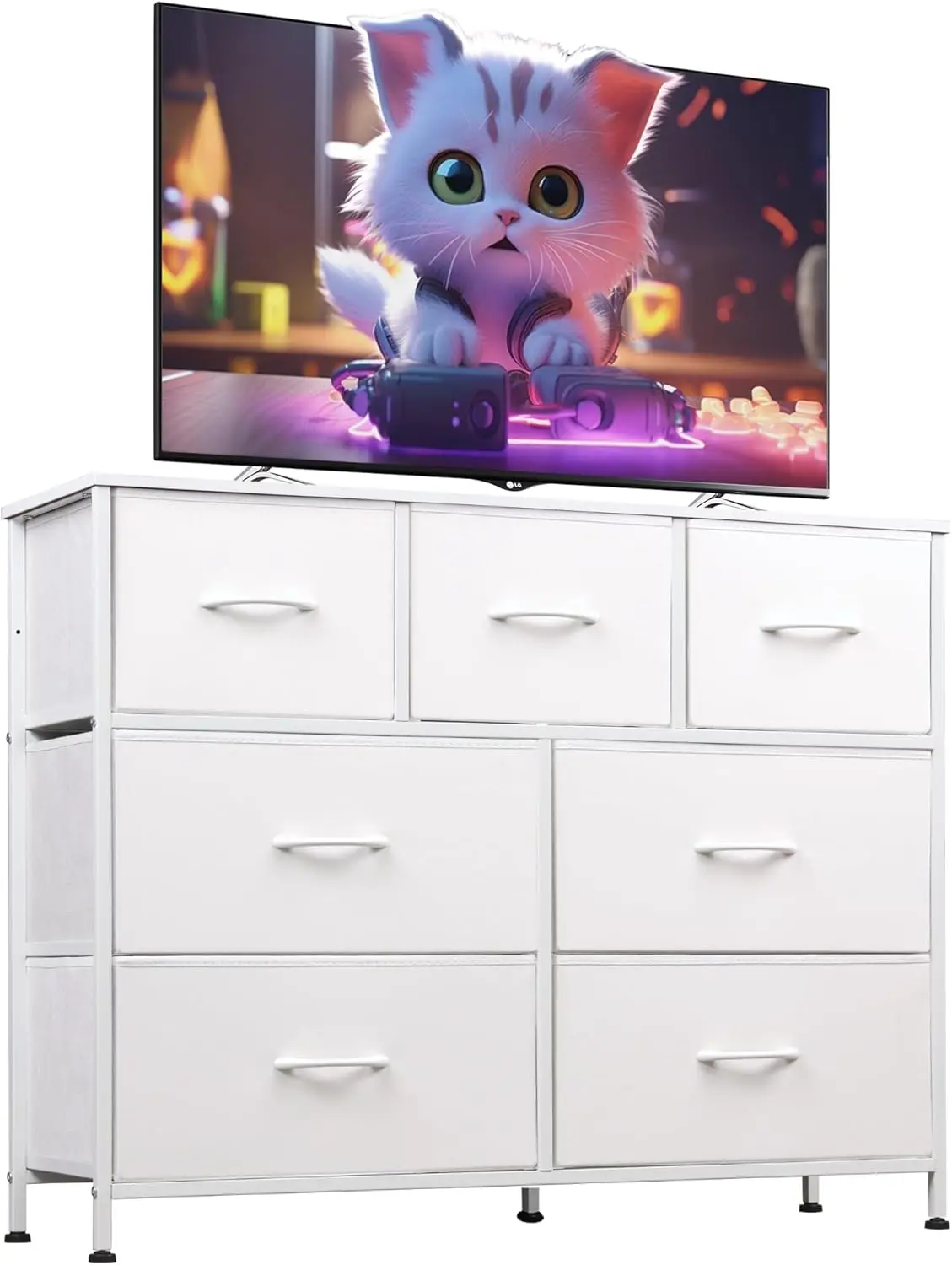 7-Drawer Fabric Dresser TV Stand, Sturdy Steel Frame with Wood Top, White Storage Organizer for Bedroom Living Room