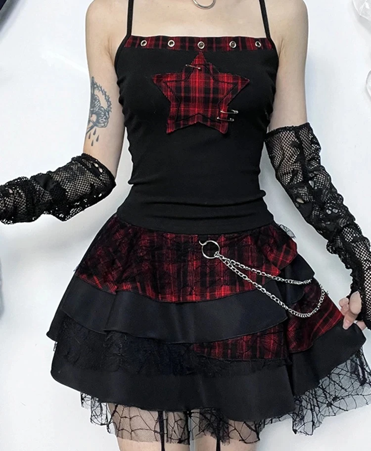 

printed checkered patchwork camisole vest for women with dark punk style fashion and