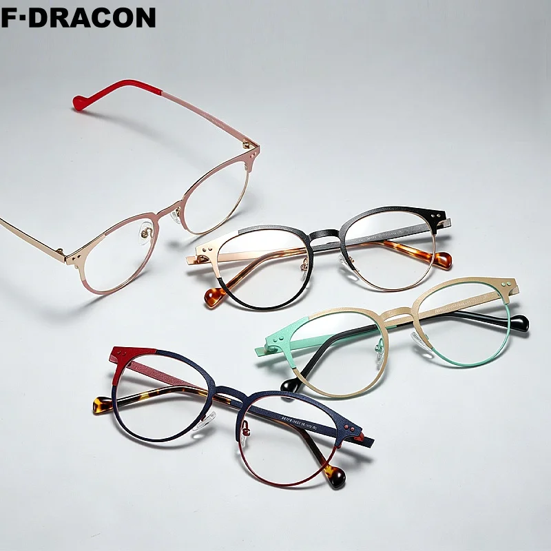 

F·DRACON New Retro Round Men's And Women's Metal Dual Color Eyeglass Frame 14g Anti Blue Light Optical Prescription Frame 26170