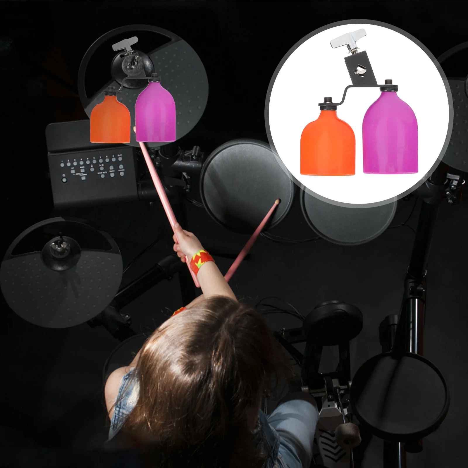 

Drum Set Cowbell Accessory Professional High Low Tone Two Color Block Drum Adjustable Angle Reliable Percussion Instrument Kit