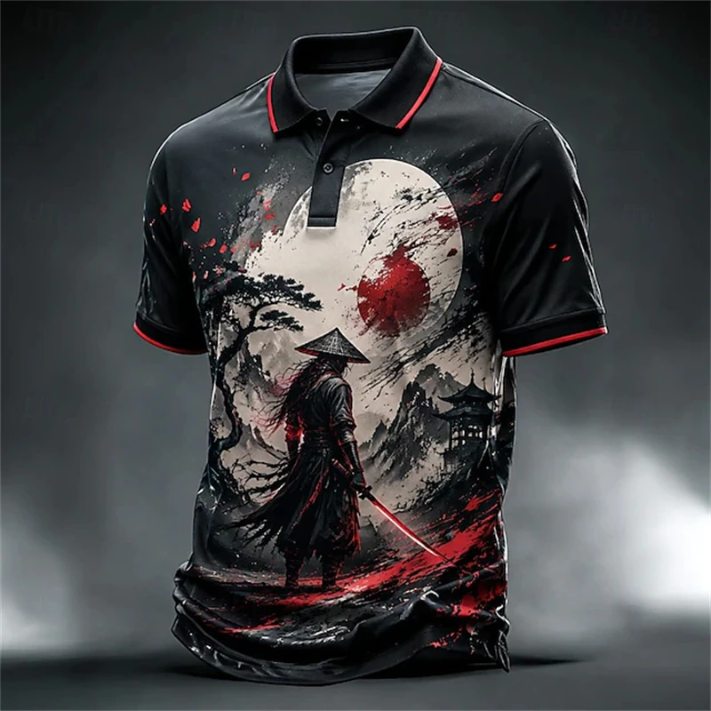 Men's New Stylish Polo Shirt Samurai Sword-Drawing Print Collared Button-Up Loose Plus-Size Fit Trendy Street-Style Top