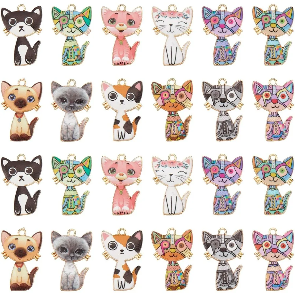 1 Box 24Pcs 12 Style Colorful Cat Charms Cat Charm Bulk Adorable Cute Cats Animals Kitten Charms Dangle Enamel making kit