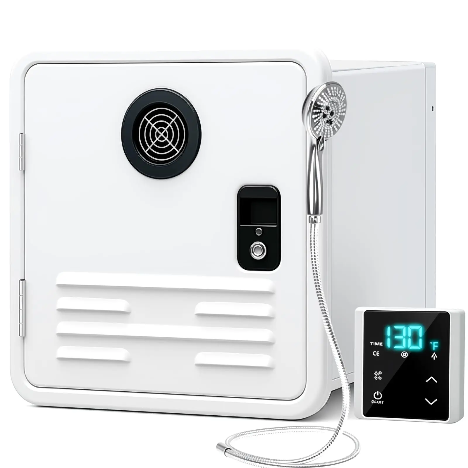

RV Tankless Water Heater Propane, MYACUC 61000 BTU Upgraded Dual Outlet RV On Demand Instant Hot Water Heater with Remote& Shower Head & 15" x 15" Door for Camper
