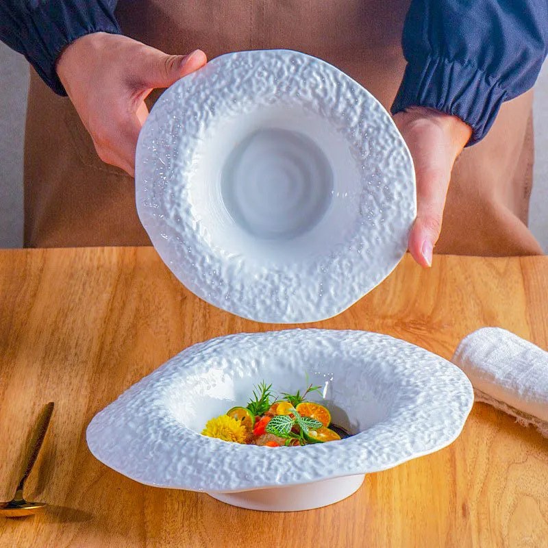 

Creative White Ceramic Western-style Steak Plate Rock Pattern Salad Pasta Bowl Household Breakfast Fruit Salad Plate Tableware